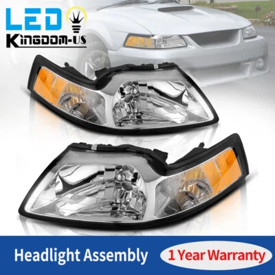 Chrome Headlights Assembly For 1999-2004 Ford Mustang Amber Corner Signal Lamps - Image 1 of 4