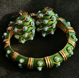Brazalete y Pendientes Maresco Vintage Raro Esmalte Verde Turquesa Cabachon Firmado - Imagen 1 de 18