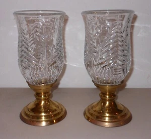 Set of 2 Crystal Christmas Tree Hurricane Candle Lamps Brass Base 9-3/4" Tall - Picture 1 of 3
