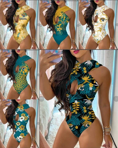 Jacksonville Jaguars One Piece Halter Neck Bathing Suit Front Cutout Swimwear Cover