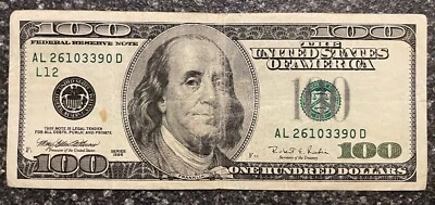 Series 1996 US One Hundred Dollar Bill Note $100 San Francisco ~ AL 26103390D - Image 1 of 2