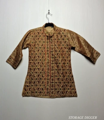 Lentejuelas bordadas Sherwani Kameez doradas para niños indios paquistaníes talla 4 Foto 1 de 4