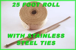 TURBO MANIFOLD HEAT EXHAUST WRAP & STAINLESS TIES 1/16" X 2" X 25' TAN 1 ROLL - Bild 1 von 3