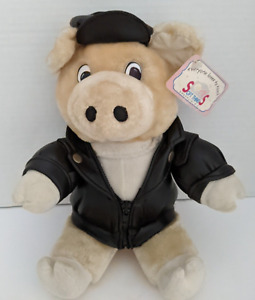 Vintage SOFT THINGS 12" Biker Pig Brown Faux Leather Jacket and Hat Plush.  34