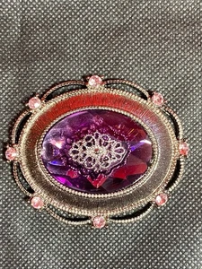 Vtg Oval Brooch Pin Silvertone/Black Purple Glass Center Pink Rhinestones Edging - Picture 1 of 20
