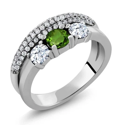 1.87 Ct Round Green Chrome Diopside White Topaz 925 Sterling Silver Ring Foto 1 de 2