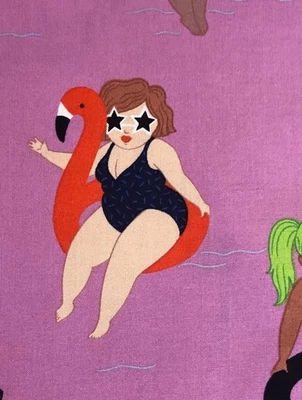 Alexander Henry Coqueto y Flotante Pinup Niñas Tela Patio Púrpura Cisne Unicornio Foto 1 de 4