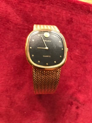 Vintage Working GRUEN Gold Tone Watch – Black Dial, Mesh Bracelet  - Image 1 of 4