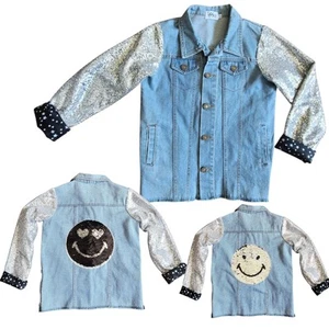 Boutique Lola & the Boys Denim Jacket Sequins Happy Smiley Face Hearts Stars 12 - Picture 1 of 9