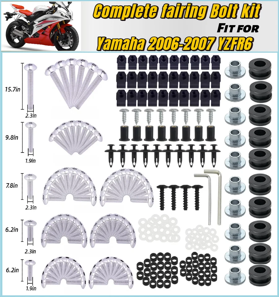 Tornillos de carenado completos plateados de acero inoxidable para Yamaha YZF R6 2006 2007 Foto 1 de 4