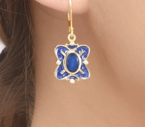 Pendientes esmaltados art deco enchapados en oro 14K de zafiro azul artesanal Masterly - Imagen 1 de 6
