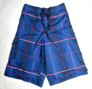 OP MEN'S SWIM TRUNKS NAVY/BLACK/RED PLAID  WAIST 28-30 MESH INTERIOR W/POCKETS - Picture 1 of 15