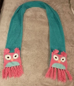 Kids Crochet Owl Pocket Scarf Teal Pink Handmade In USA Unique Rare 56" - Picture 1 of 5