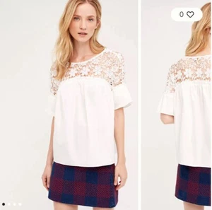 Anthropologie Eri & Ali Belle XS Poplin Peasant Top White Ruffle Cottagecore - Picture 1 of 8