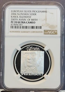 2006 SLOVAKIA SILVER 200 KORUN KAROL KUZMANY NGC PF 70 ULTRA CAMEO PERFECT POP 1 - Picture 1 of 3