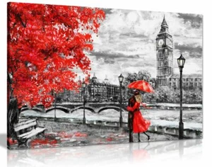 London Oil Painting Artwork Big Ben Red Umbrella Canvas Wall Art Picture Print - Picture 1 of 5