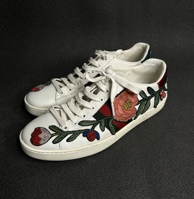Gucci Ace Zapatillas Florales Cuero Bordado Web Rayas Zapatos Blanco Talla 39 EE. UU. 9 Foto 1 de 4