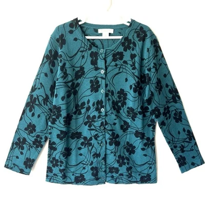 Cárdigan Suéter Garnet Hill Para Mujer XS Lana Merino Verde Negro Floral Preppy NUEVO Foto 1 de 4