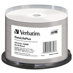 50x Verbatim CD-R Rohlinge 700MB 52x Schreiben bedruckbar Spindel Cakebox - Bild 1 von 1