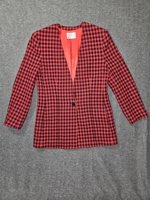 Vintage Pendleton Blazer Womens 6 Red Black Houndstooth Wool Jacket Made USA 80s - Image 1 of 4