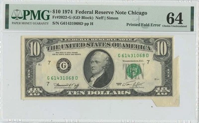 1974 $10 FRN Printed Fold Error FR#2022-G PMG CH Unc 64 - Image 1 of 2