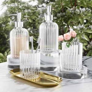 5PCS Glass Bathroom Accessories Set, Soap Dispenser, Toothbush Clear and Gold  - Picture 1 of 6