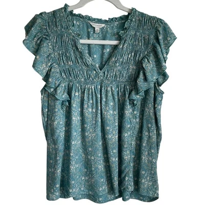 Top Babydoll marca Lucky verde azulado Ditsy floral ajustado talla S mangas con volantes campesino Foto 1 de 4
