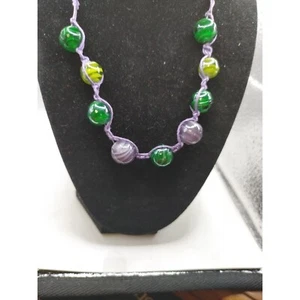 Necklace Purple Cotton Cord Green/ Purple/yellow Glass Round Beads - Picture 1 of 5