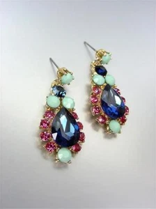 NEW Victorian Blue Sapphire Pink Green Opal Crystals Gold Plated Earrings - Picture 1 of 1