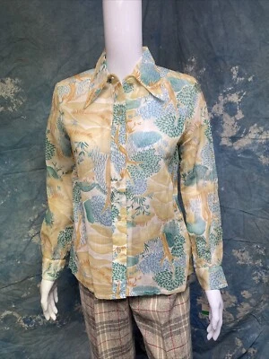 Blusa de mujer de colección años 60 70 estampado de tierra top transparente de Leslie Fay personal S\M Foto 1 de 4