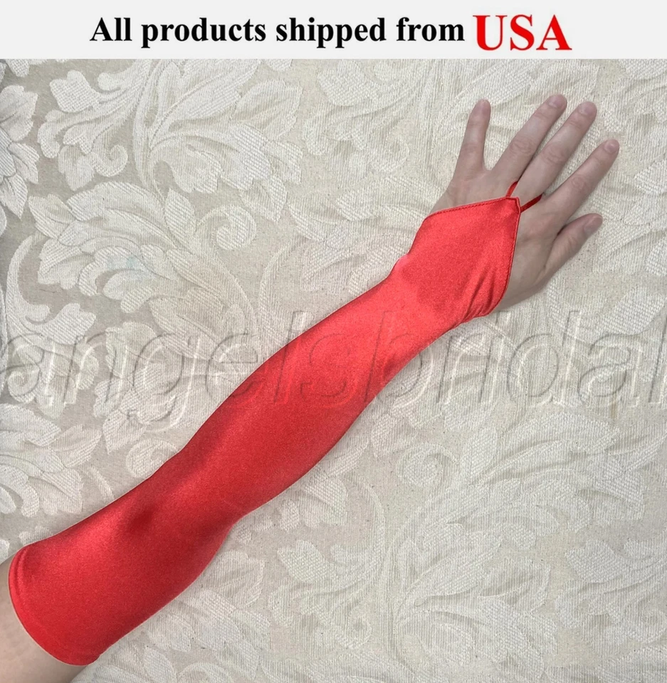 顶级品质 23 英寸红色无指长缎面万圣节服装舞会歌剧手套 — 第 1/1 张图片