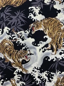 Japanese cotton fabric tiger black grey upholstery chinoiserie Hokusai waves - Picture 1 of 5