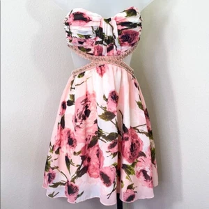 Speechless Juniors' Floral-Print Cutout Strapless Dress (PinkBlack, 9) - Picture 1 of 3