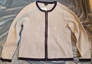 NWT ANN TAYLOR WOMEN'S GRAY COTTON FULL ZIP CARDIGAN WITH NAVY BLUE TRIM SIZE XL - Picture 1 of 6