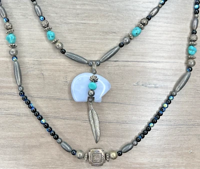 Native Silver Tone Faux Turquoise Feather Carved Animal Bear Fetish VTG Necklace - Image 1 of 4