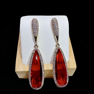 18k Gold Plated Red Garnet Long Drop Halo Earrings made w Swarovski Crystal - Picture 1 of 22