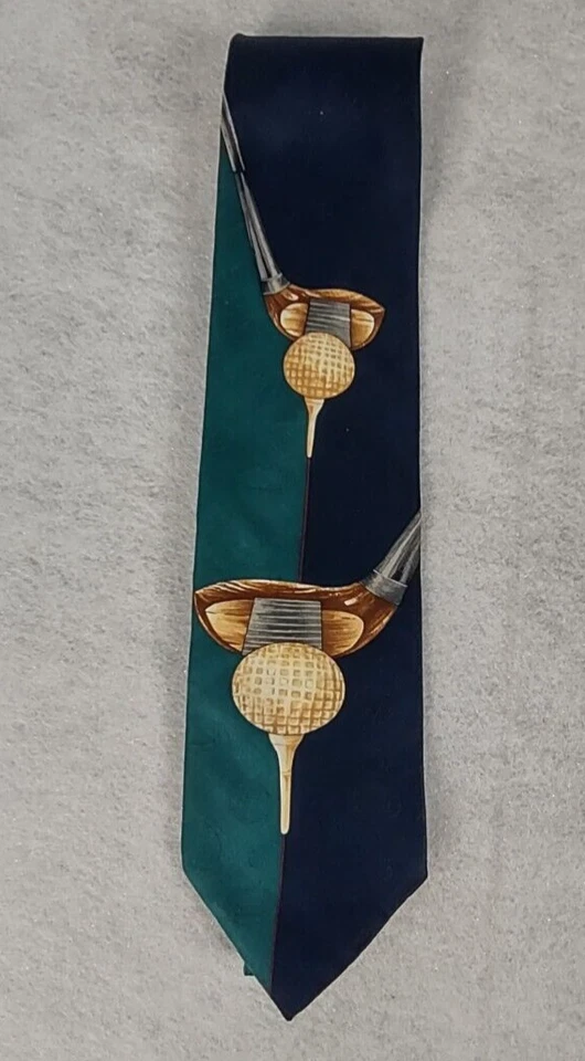 Corbata deportiva Evan Picone azul, verde, tostada, temática de golf 100 % seda Foto 1 de 4