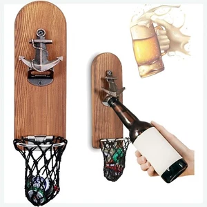 Wand Flaschenöffner Magnet Holz Retro mit Auffangbehälter, Geschenk - Bild 1 von 2