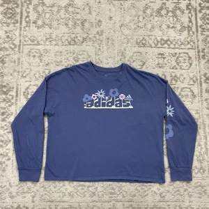 Adidas T Shirt Girls Youth Long Sleeve Blue Floral Loose Fit Crewneck Size XL - Picture 1 of 6
