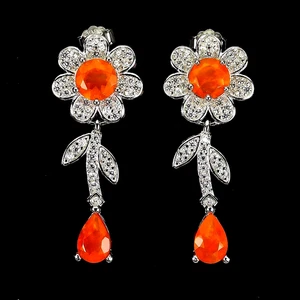 NATÜRLICHE ORANGE OPAL & WEISSE CZ OHRRINGE 0,925 STERLINGSILBER 14K WGP - Bild 1 von 3