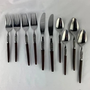 10 piece Interpur INR19 Stainless Japan Faux Wood Handle MCM Vintage serves 2 - Picture 1 of 7