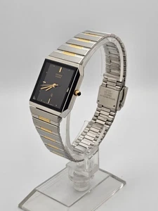 VINTAGE '84 CITIZEN CQ LUX SQUARE ST.STEEL MEN DATE WATCH Black Pinstripe Dial - Picture 1 of 24