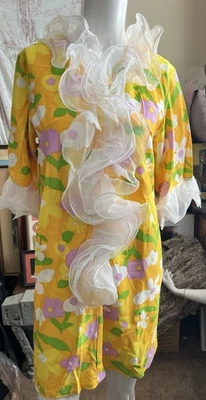 Vintage 1960s Micro Mini Dress Psychedelic Floral Ruffle M - Image 1 of 4