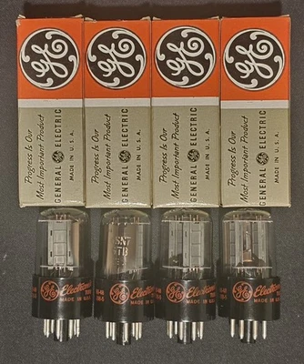 GE 6SN7 GTB 1960 TUBO ETIQUETA ROJA CROMO LADO HALO JUEGO CUÁDRUPLE JUEGO CUATRO NUEVO EN CAJA Foto 1 de 4