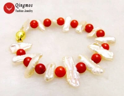 15-25mm Natural Pink Biwa Pearl Bracelet for Women & 6-7mm Round Red Coral 7.5'' - Image 1 of 4