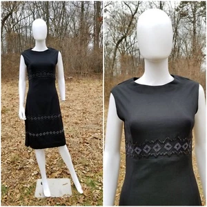 Vintage 1960s Luisa Spagnoli Fitted Wiggle Wool Beaded Midi Black LBD Dress W28 - Picture 1 of 11