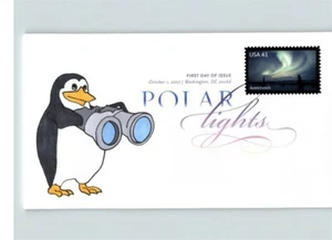 Hand Painted PENGUIN on POLAR LIGHTS First Day of Issue, COLOR CANCEL - Picture 1 of 1