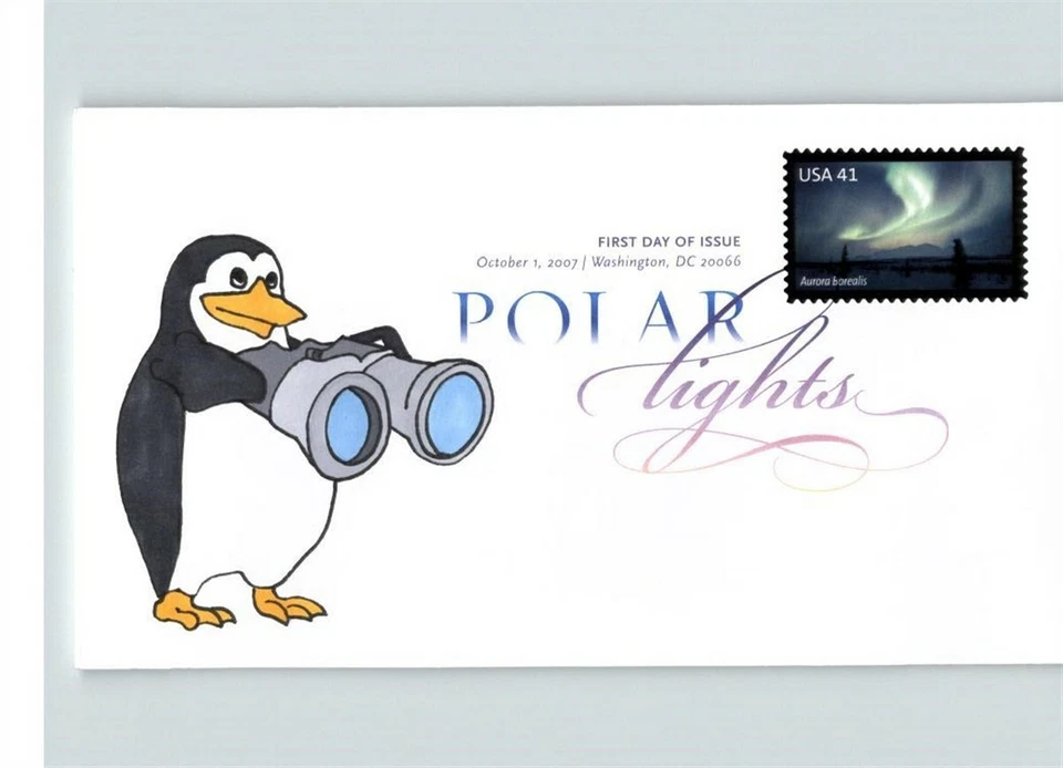 Hand Painted PENGUIN on POLAR LIGHTS First Day of Issue, COLOR CANCEL - Image 1 of 1
