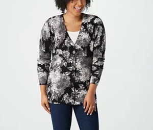 Isaac Mizrahi Live! - Floral Printed V-Neck Button Front Cardigan - Black - Picture 1 of 5