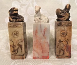 3 Chops Stone Wax Seals Vintage Asian Pieces Horse Dog and Snake Figures on Top - Picture 1 of 10